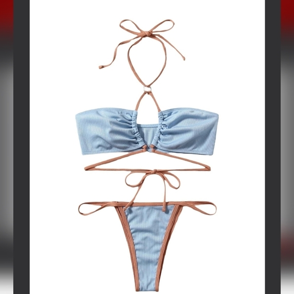 ZAFUL Halter Ribbed Midriff Flossing Binding Thong Bikini Set M - Picture 6 of 7